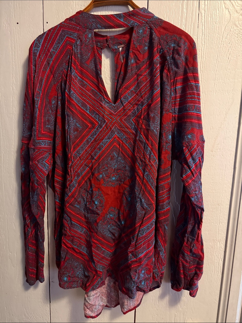 Free People Red and Blue Paisley Long Sleeve V-Neck Blouse